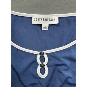 Southern Lady Blue 3/4 Sleeve Keyhole Neck Knit Top White Trim New Large